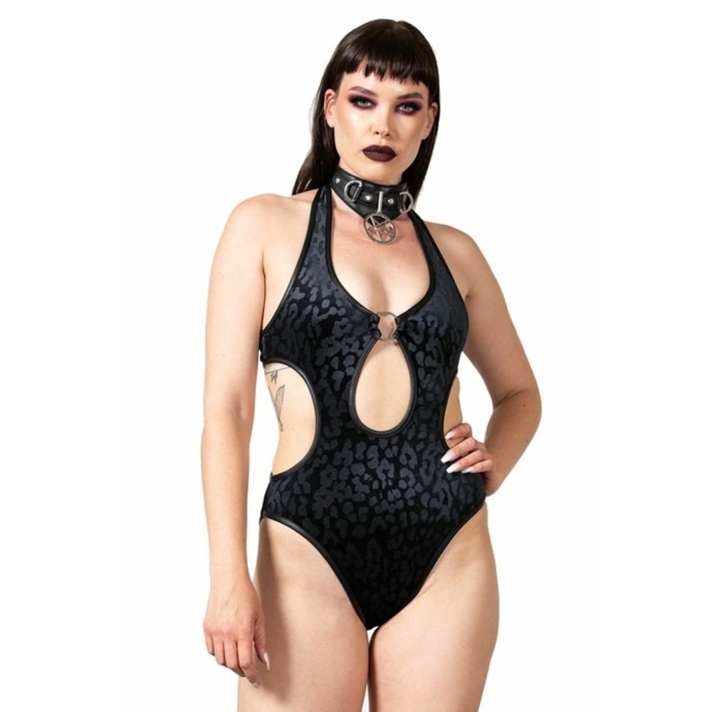 Killstar Barbarella Halter Suit Black Velvet Leopard Cutout Bodysuit Small